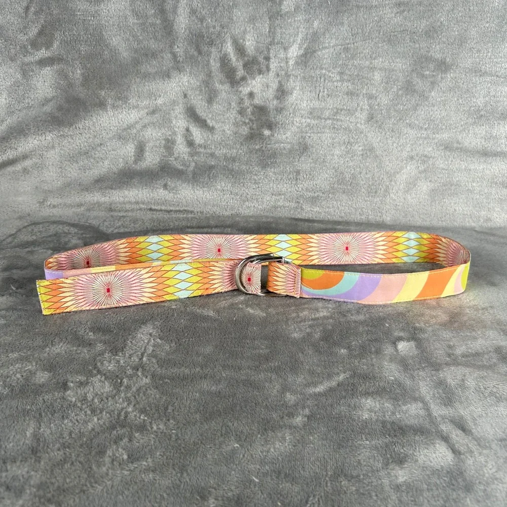 Vintage Style Psychedelic Sunburst D-Ring Belt Retro Geometric Swirl Multi Color